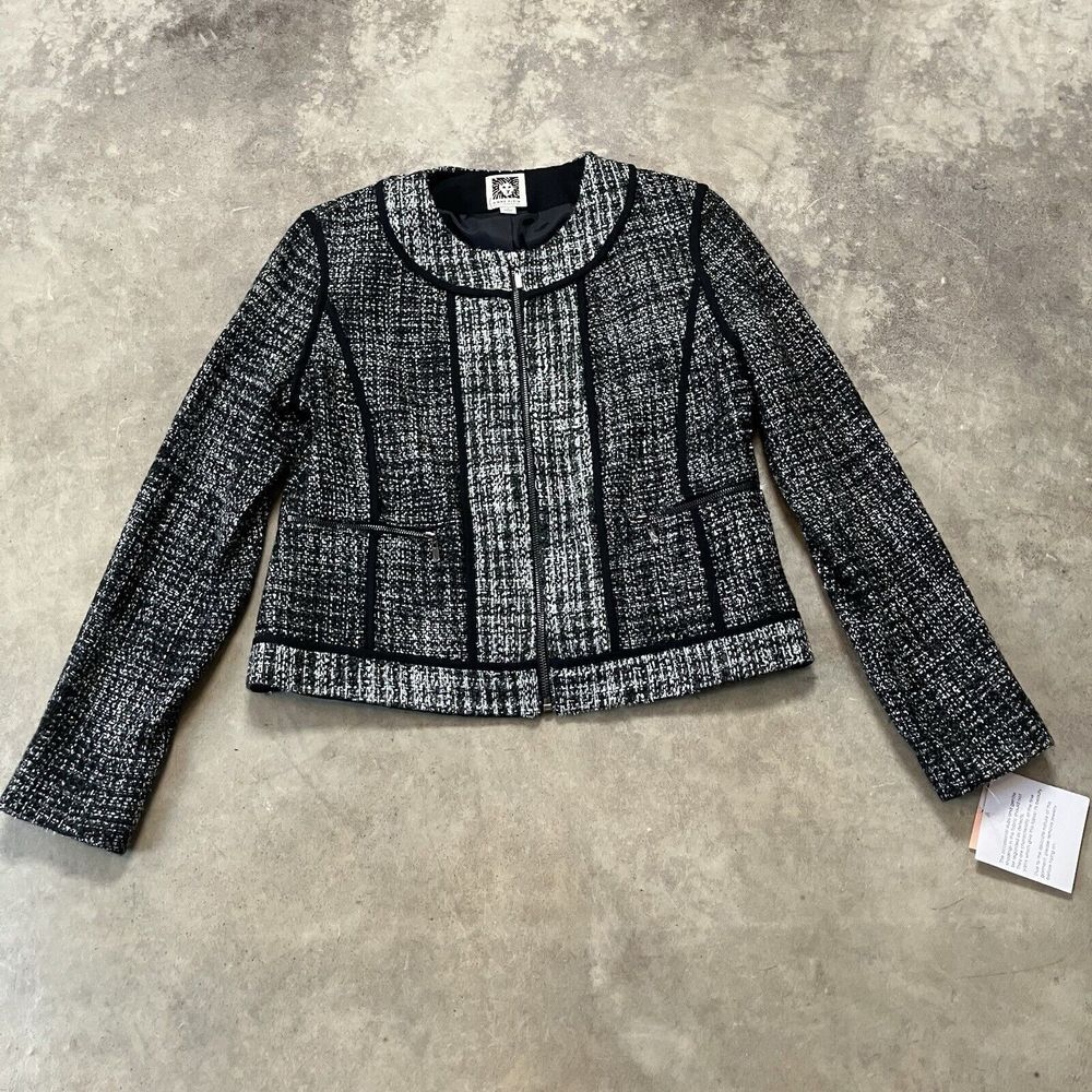 Anne Klein‎ Blazer Womens 2 Petite Zip Tweed Silver Black Sparkle Jacket Office